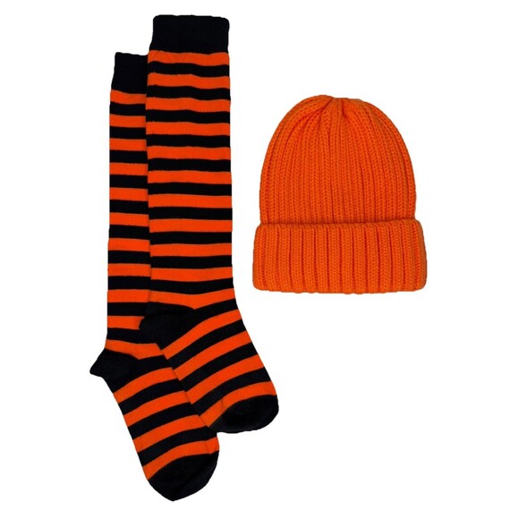 Orange Knitted Beanie Winter Hat With Black Orange Striped Halloween Style Socks - Picture 1 of 11